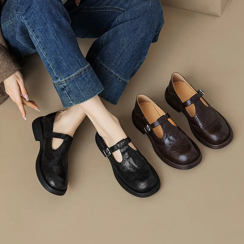 Preppy Style Brogue Carving Sheepskin T Strap Mary Jane in Coffee/Black
