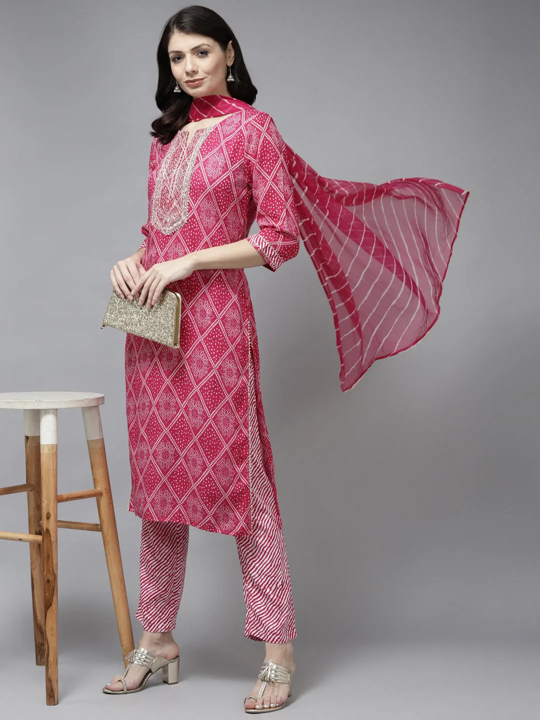 Women Pink Cotton  Kurta Set With Dupatta